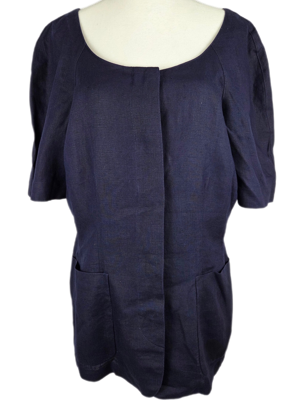 Vintage 90s Sportmax Pure Linen Top Navy Scoop Neck Pockets Italy Tunic